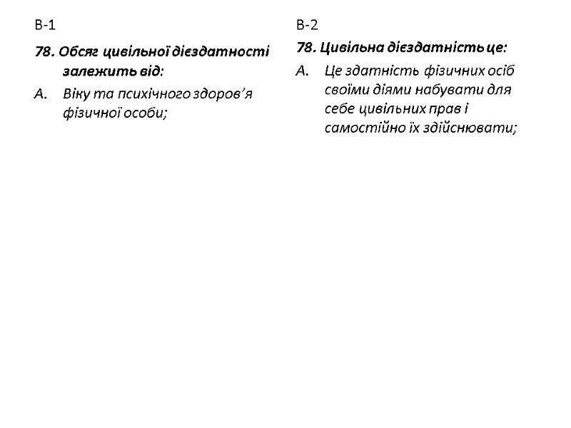 В-1 78. Обсяг цивільної дієздатності залежить від: Віку та психічного здоров’я фізичної особи; В-2